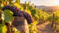 Grappoli d’uva su una botte davanti a un vigneto al tramonto; immagine generata con ChatGPT