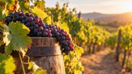 Grappoli d’uva su una botte davanti a un vigneto al tramonto; immagine generata con ChatGPT