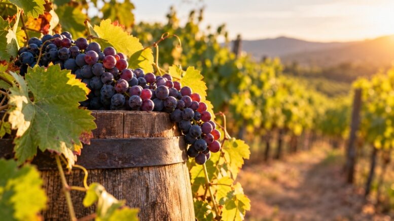 Grappoli d’uva su una botte davanti a un vigneto al tramonto; immagine generata con ChatGPT