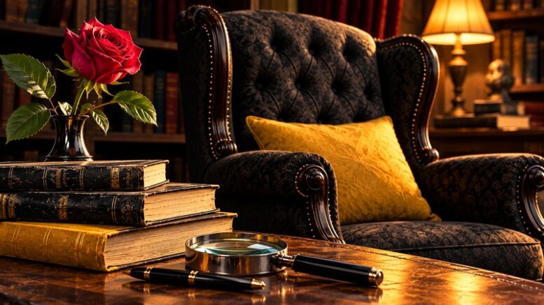 Poltrona nera, libri, rosa rossa e lente d’ingrandimento in un salotto letterario